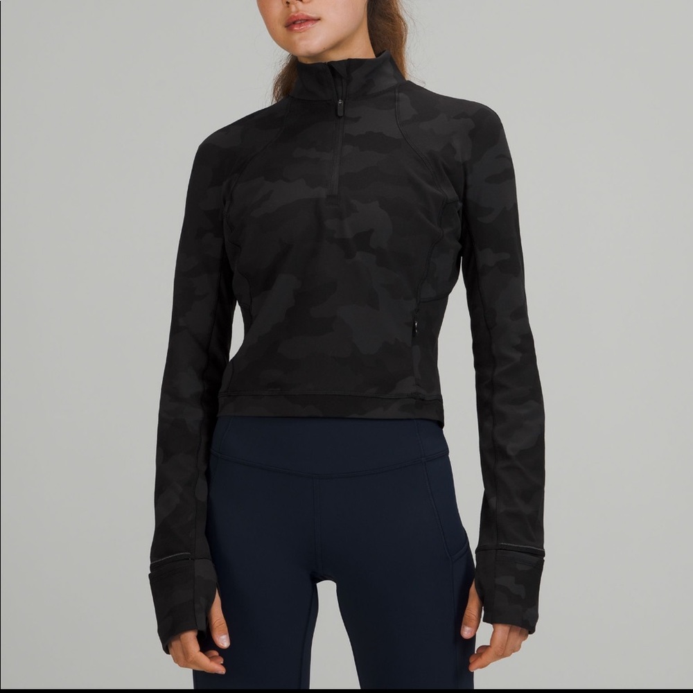 NWT lululemon it’s duly run cropped half zip camo